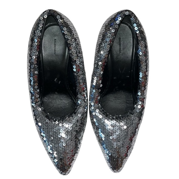 BALENCIAGA Silver Sequin Pumps Heels EU 41 US 11 Puffy Pointed Toe Sparkle NEW - Picture 6 of 16